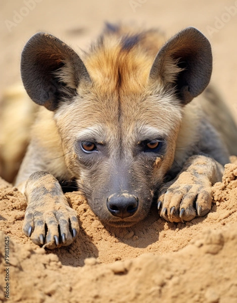 Fototapeta Striped Hyena, reallife animals, sand desert сreated with Generative Ai