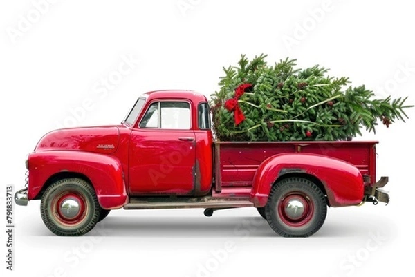 Fototapeta Side view of an old red truck transporting a Christmas tree isolated white background