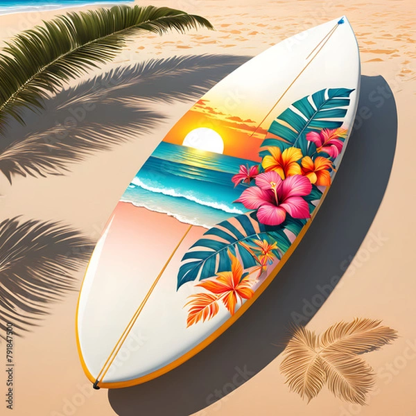 Fototapeta surfboard adorned with vibrant tropical motifs clipart style palm leaves parrots hibiscus juxta