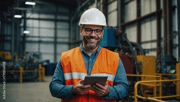 Fototapeta Smiling Engineer Using Tablet in Industrial Facility
