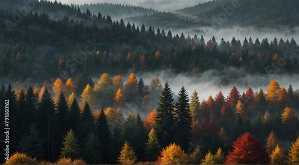 Fototapeta Mystical Autumn Fog in Black Forest, Germany - Enchanting Landscape with Rising Fog, Autumnal Trees, and Firs