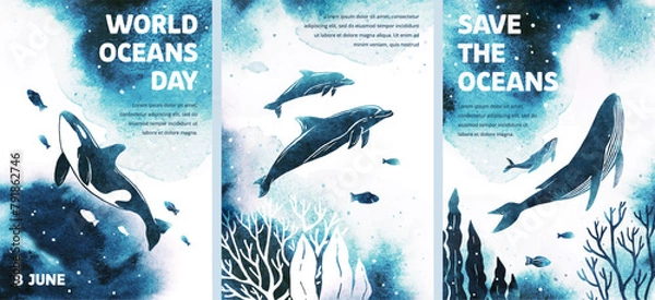 Fototapeta Set watercolor vector templates with killer whale, humpback, dolphins, fish, seaweed. World oceans day. Save the oceans. Sea animals. Silhouette of a big whales. Illustrations with underwater nature