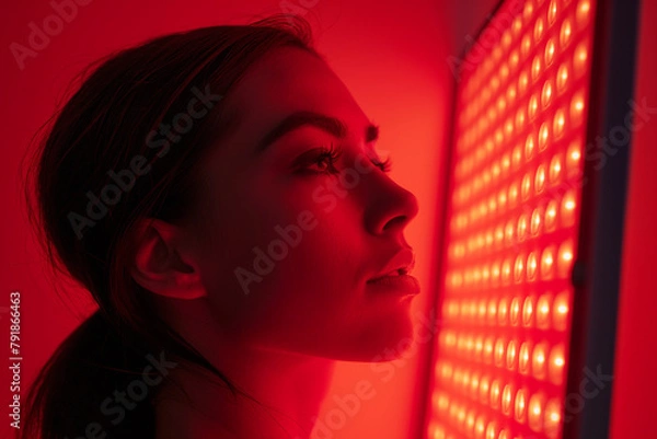 Obraz Side profile of a young woman bathed in the crimson glow of a red light therapy panel, exuding a sense of contemplation and wellness.