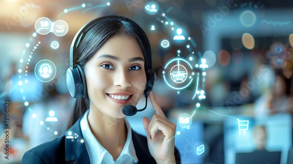 Fototapeta Customer Service woman whit headset surrounded by Virtual Interface Icons