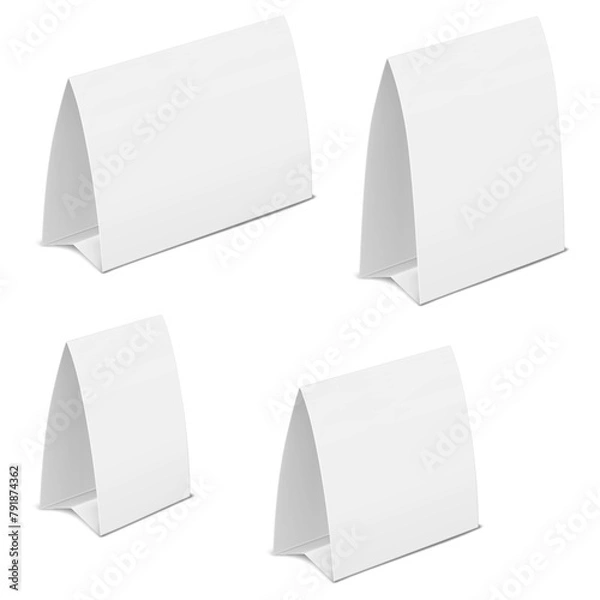 Fototapeta Table tent template set. White blank paper countertop pop banner stand, desk calendar. Realistic mock-up. Desktop promotional graphic display card vector mockup