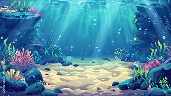 Fototapeta Underwater seabed with corals, seaweeds, stones and sand. Cartoon illustration of an ocean or aquarium floor with tropical plants and light rays. Marine landscape with algae.