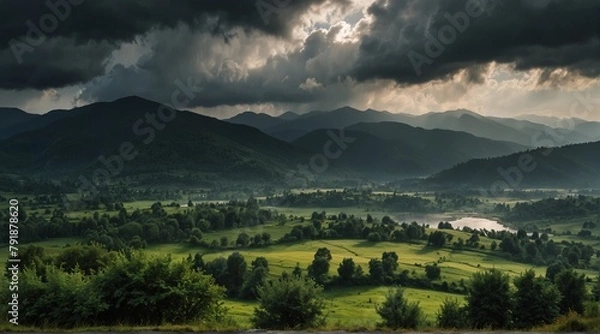 Fototapeta morning in the mountains, view of the mountains, panorama of the mountains, Breathtaking panorama of morning rain wild nature high in mountains