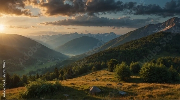 Fototapeta morning in the mountains, view of the mountains, panorama of the mountains, Breathtaking panorama of morning rain wild nature high in mountains