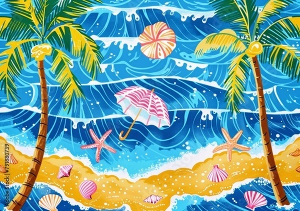 Fototapeta A beach themed with palm trees, umbrellas and shells on the shore with blue waves.