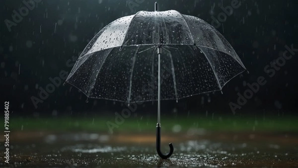 Obraz Transparent umbrella under rain against water drops splash background. Rainy weather concept
