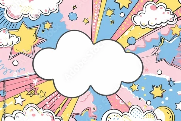 Fototapeta A cheerful cartoon speech bubble with a blank center, surrounded by a delightful explosion of pink, blue, yellow, and white clouds, stars, bubbles, rainbows, and shooting rays