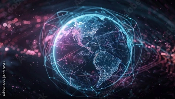 Fototapeta Glowing blue and purple lines orbit around the globe, representing global connectivity and technology's impact on world events in dark background Generative AI