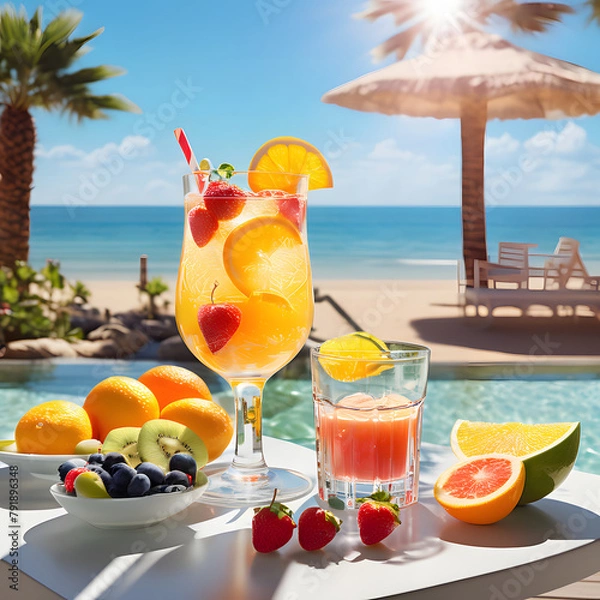 Obraz fruits and cocktail on the beach