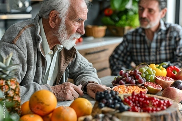 Fototapeta In a heartwarming scene, a senior man engages with a nutritionist in a close-up shot emphasizing their hands, focusing on the exchange of personalized nutrition advice