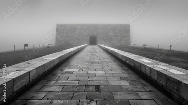 Fototapeta   A black-and-white image of a walkway winding through fog toward a building