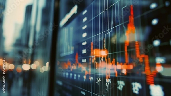 Fototapeta Abstract Stock Market Chart Reflected on Glass Building with Red Candlestick Pattern in Financial District