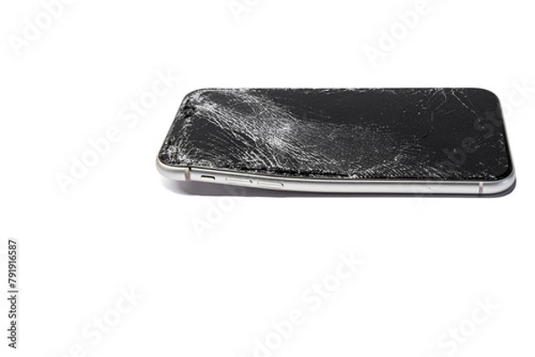 Obraz Broken cracked curved phone smartphone closeup isolated on white background with shadow, top and side view from button side. On the phone smartphone sat on and broke.