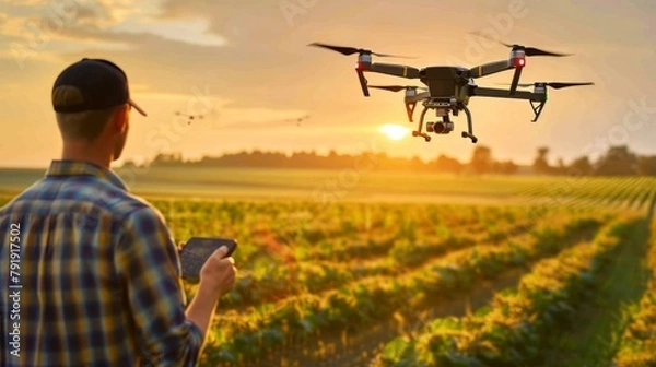 Fototapeta Farmer using agro drone technology in the field for spraying and monitoring crops. Agronomist collecting data before harvest