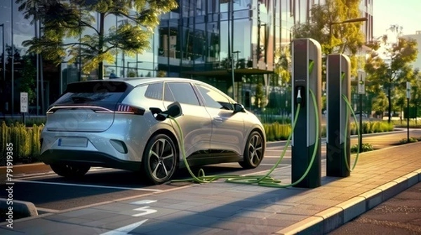 Fototapeta Modern electric car charges its batteries while parked at a charging station on a street, thereby reducing pollution and climate change by using clean alternative energy