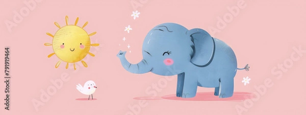 Fototapeta An adorable blue elephant, a cheerful sun, and a tiny bird bask in the warmth of a rosy sky, evoking a sense of joy and tranquility in a whimsical digital painting.