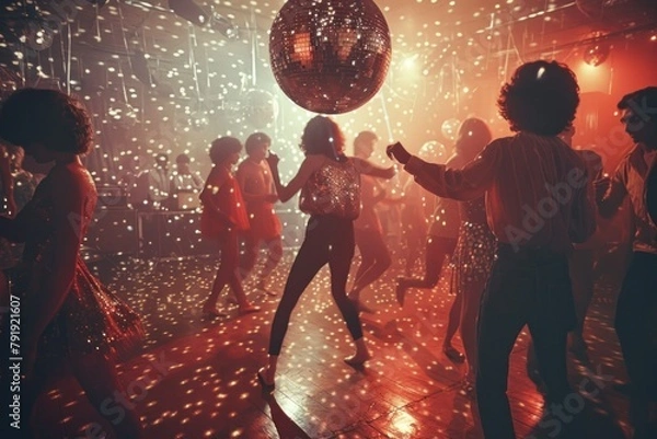 Fototapeta 70s people dancing in a club. The club is lit up with colorful lights.