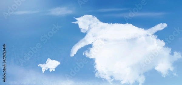 Obraz Cat clouds shape. Cat lying on a cloud catches a fish