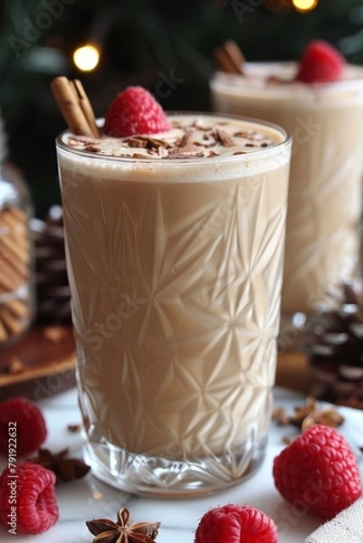 Obraz A close up of a glass filled with milk and raspberries, AI