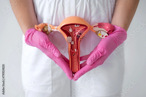 Obraz A model of female reproductive organs. A concept on the topic of women's health and treatment of uterine diseases