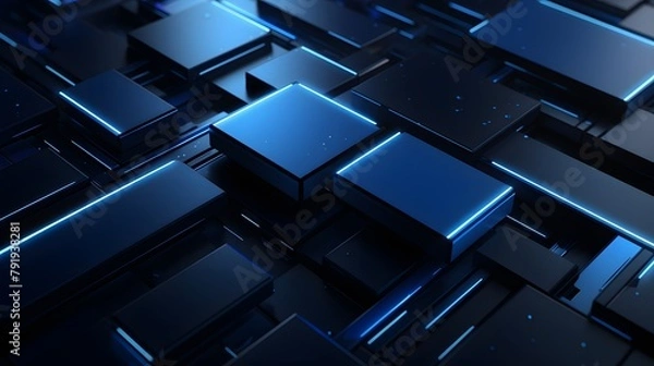 Fototapeta 3d rendering of blue and black abstract geometric background. Scene for advertising, technology, showcase, banner, game, sport, cosmetic, business, metaverse. Sci-Fi Illustration. Product display