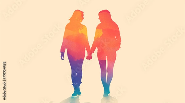 Obraz multi-colored silhouettes of two women holding hands and walking together, on a light beige background