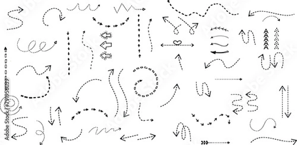 Fototapeta Clean dot style hand drawn doodle arrows set. Clean dot arrows style doodle set hand drawn. Curve Dotted line, preliminary
