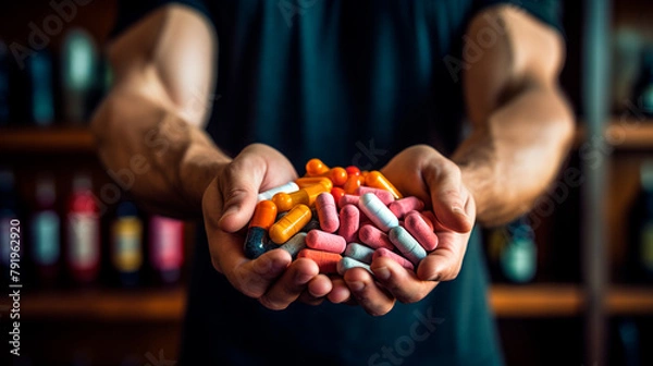 Fototapeta man 's hand holding a bunch of red pills on a black background.