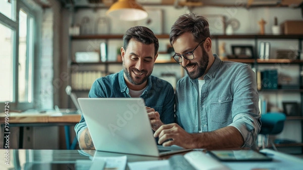 Fototapeta Two Professionals Collaborating Using Digital Devices In A Modern Office Environment