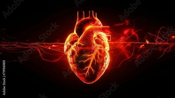Fototapeta Stylized Red Heart and Cardiogram Pulse on Black Background Generative AI