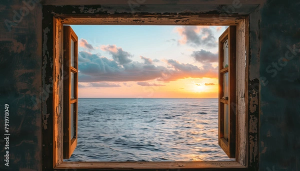 Fototapeta Horizon View: Embracing Nature - A weathered window frame reveals stunning sunset over ocean, creating picturesque scene of tranquility and serenity. Nature's beauty captured through open portal