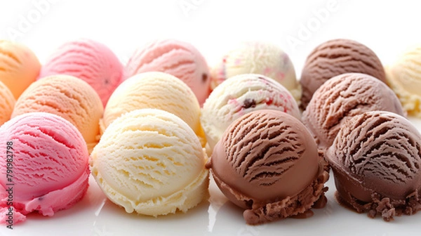 Fototapeta Scoops of different flavors of ice cream on a white background