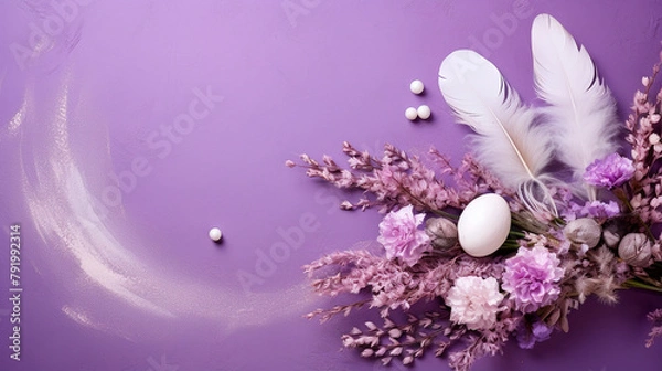 Obraz happy easter background. easter eggs, bunny in nest with feathers on a pink background. easter background
