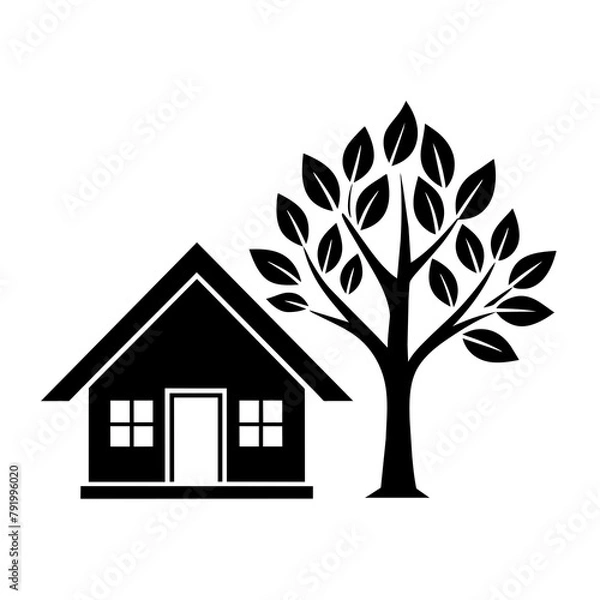 Fototapeta A minimalist house icon with a tree beside it, symbolizing home and nature