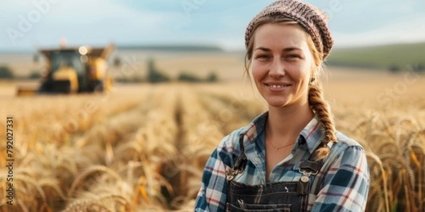 Obraz A woman farmer in her field next to agricultural machinery while harvesting grain crops. Generative AI