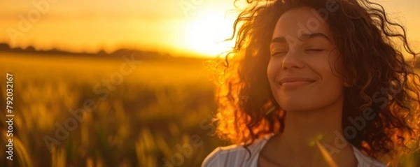 Obraz Beautiful girl smiles while standing on a field at golden hour. Generative AI