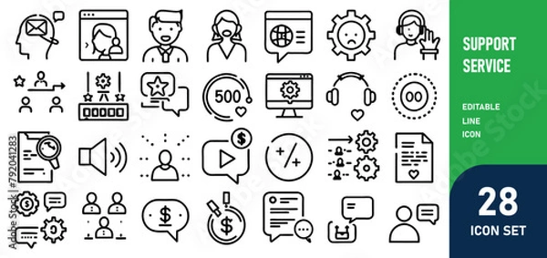 Fototapeta Support Service Line Editable Icons set. Vector illustration in thin line modern style of customer service icons feedback, technical support, assistant, information, and more