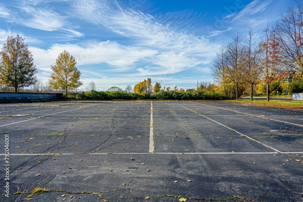 Fototapeta A parking lot with no cars parked in it. The sky is blue and there are trees in the background