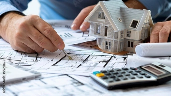 Fototapeta Dream Home Deliberations Couple Pointing at House Plans with Mortgage Calculator Architectural Consultation Concept
