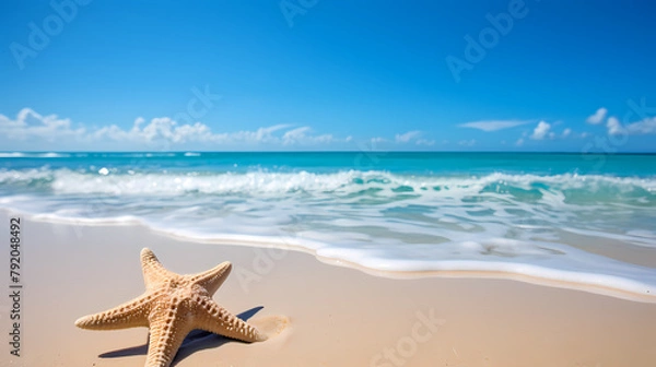 Fototapeta Beautiful beach with soft waves and starfish on the sand