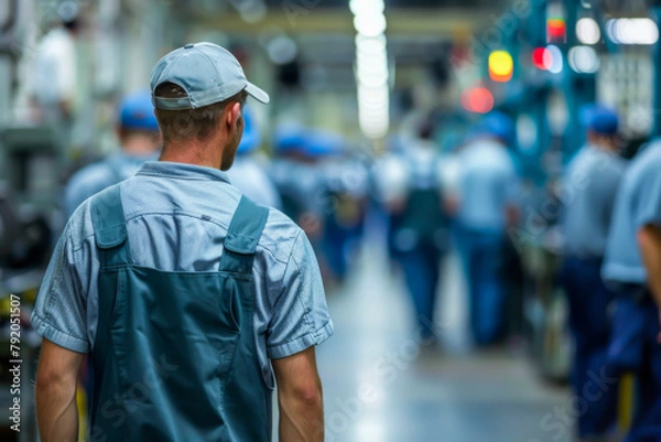 Obraz A man in a blue jumpsuit walks down a long hallway with other people in blue jumpsuits