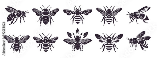 Fototapeta Set of honey bee for honey product package and logotypes. Simple vector bee silhouettes isolated on white background