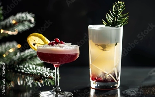 Obraz Red and white cocktails on a black background. Generative AI