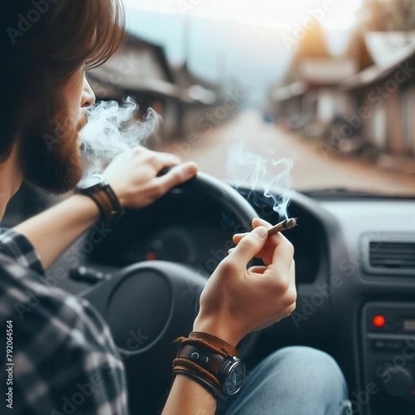Fototapeta Driving while smoking cannabis joint. Marijuana. Legal regulation. Driving license regulation. Weed. Don’t drive high. Observe limit value and abstinence breaks. Spliff. Generative AI