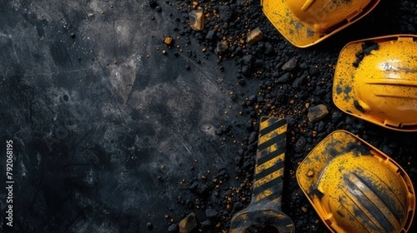 Fototapeta Top View of Industrial Safety Equipment - Worn Yellow Hard Hats and Caution Sign on Coal Dust Background. Close up of Grunge Construction Backdrop Concept with Copy Space for Text display from Above