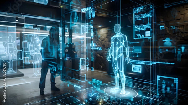 Fototapeta A holographic security system projecting 3D models of intruders and potential threats in a high-tech facility.


